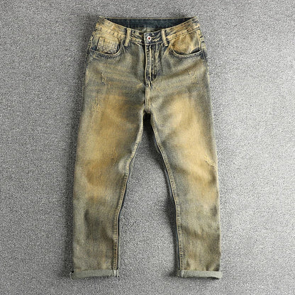 Do old wash retro American trend jeans men's catwhiskers embroidery craft comfortable straight leg casual pants