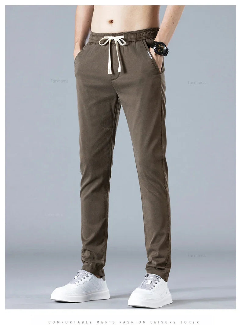 Spring Summer Men's Casual Pants Korean Fashion Cotton Thin Soft Elastic Slim Business Trousers Black Green Khaki
