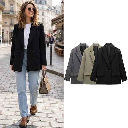 Women Fashion With Pockets Solid Double Breasted Blazer Vintage Long Sleeves Notched Neck Female Office Lady Outfits