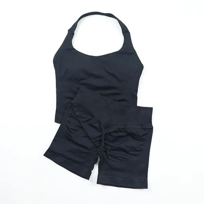 Seamless Yoga Set Womens Backless Halter Tank Top Ribbed Waist Gym Shorts 2 Piece Sets Women Outfit Workout Clothes