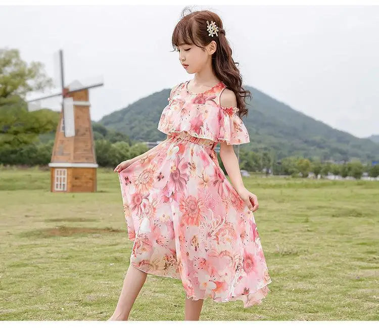 Thin Girl Summer Dress Robe Fille Floral Chiffon Princess Dress Children's Clothing Summer Girls Casual Dresses Kids Vestidos