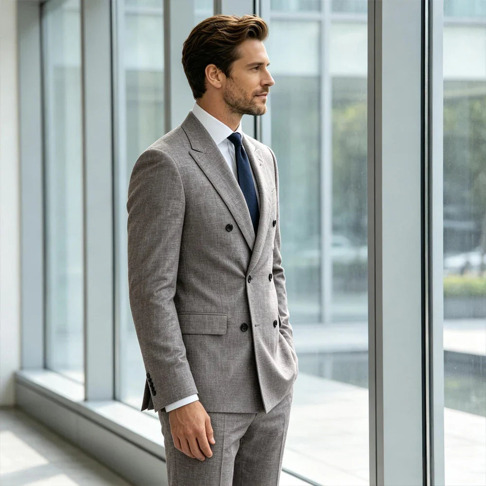Men's Linen Suit Set  Double Breasted Slim Fit Peak Lapel Formal Blazer Pants Breathable Business Wedding Groom Tuxedo