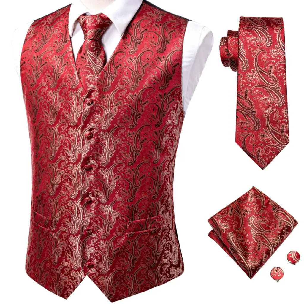 Navy Blue Mens Silk Vests Business Paisley V-Necl Waistcoat Tie Hanky Cufflinks Brooch Set for Men Suit Wedding Formal Hi-Tie