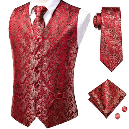 Luxury Mens Vests Black Gold Floral Jacquard Waistcoat Tie Hanky Cufflinks Brooch Set for Men Suit Wedding Office XL