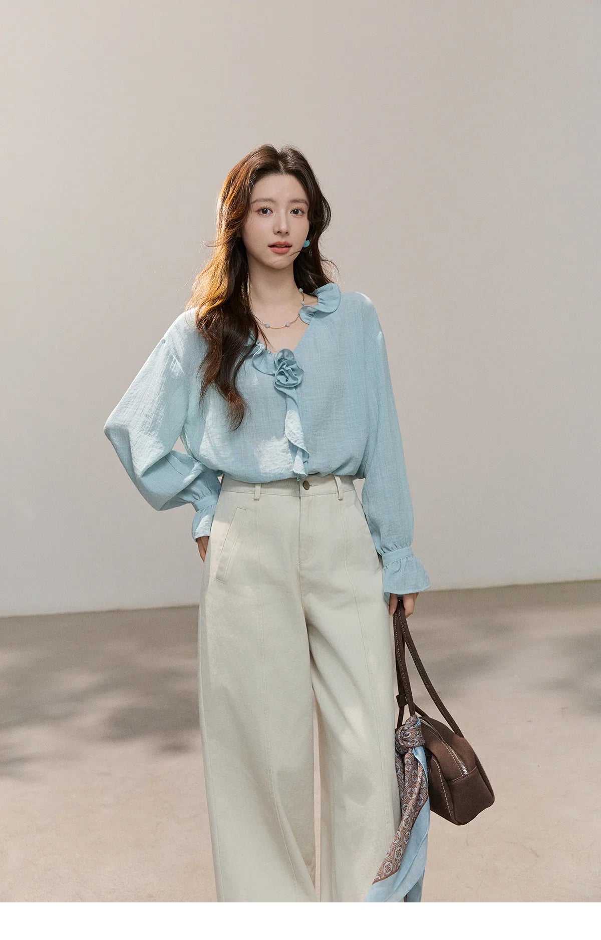 Women's Asymmetric Ruffled V-neck Shirt Spring Light Blue Floral Applique Ruffle Cuffs Top Elegant Loose Shirt MXF14C2448