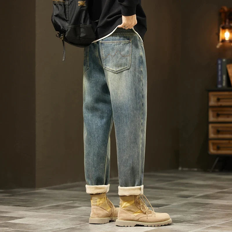 Retro Loose Winter Fleece Jeans Men's Warm Thicken Fashion Casual Denim Pants Comfortable Plush Velvet Thermal Male Trousers