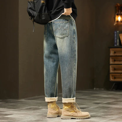 Retro Loose Winter Fleece Jeans Men's Warm Thicken Fashion Casual Denim Pants Comfortable Plush Velvet Thermal Male Trousers