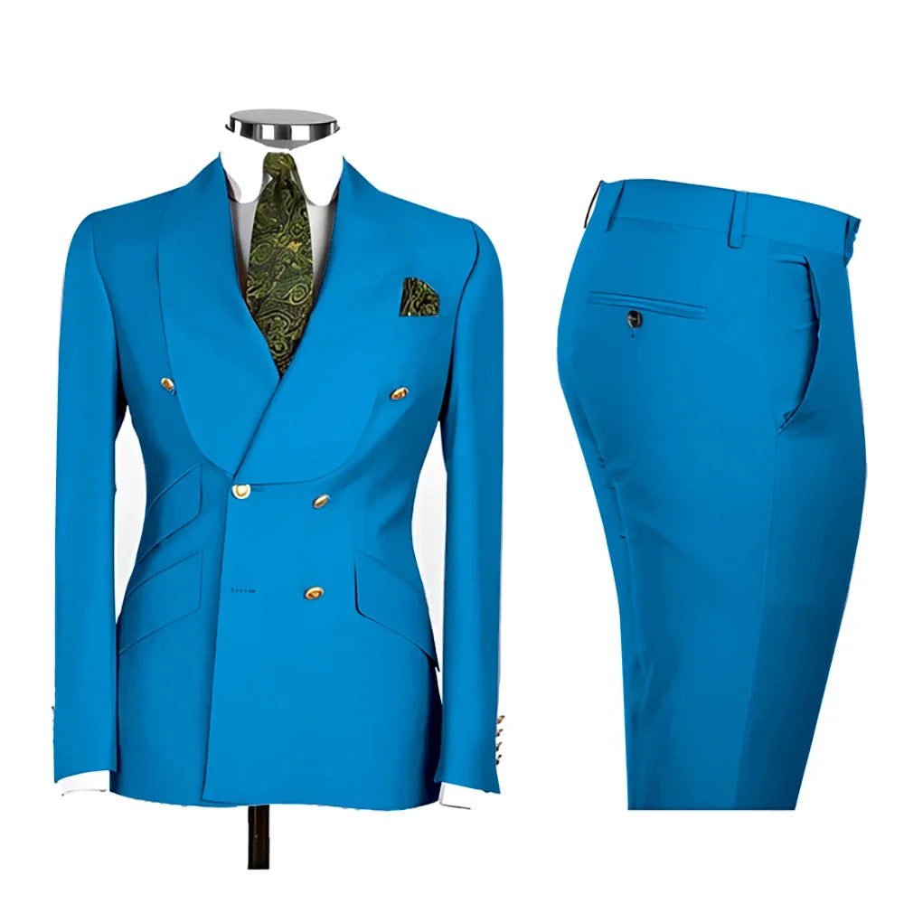 Lvory Shawl Lapel 2 Piece Suit Double Breasted Men's Jacket Pants with Gold Buttons Formal Wedding Groom Attire Prom Tuxedos