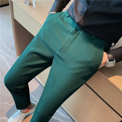 2024 Autumn New Waffle Stretch Waist Business Formal Pants Men Fashion Wedding Slim Trouser Mens Brand Social Party Suit Pants