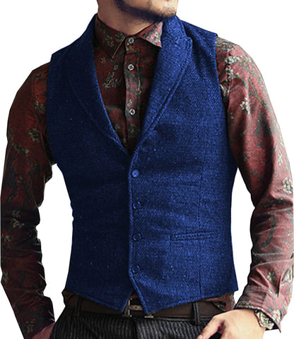 Men's Suit Vest Slim Fit Herringbone Pattern Mail Waistcoat Flip Tie Pocket Vest Business Banquet Wedding Groomsman Dress Vests