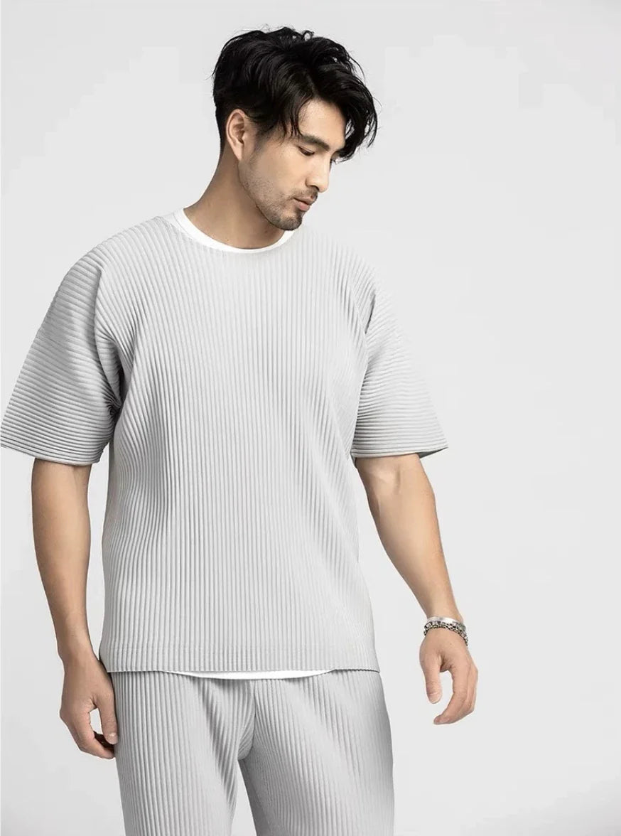 Miyake Shirt Thin Breathable Short Sleeve Round Neck T Shirt Summer Solid Sports Top Miyake Pleated Men