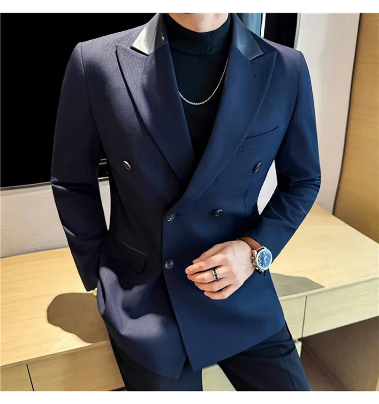 (1 Pcs Jackets) New Thicken Thicken Striped Casual Suit Jacket Fashion Splicing Leather Neck Men's Business Slim Blazers Tuxedos