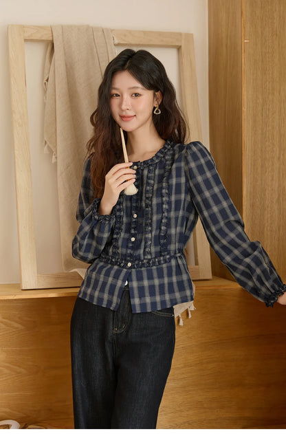 Women's Vintage Blue Plaid Shirt 2025 Autumn New Elegant Luxury Loose Waist Shirts Round Neck Long Sleeved Top MXE45X2480