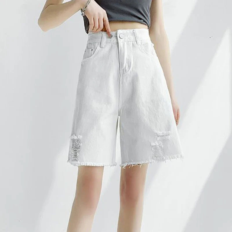 Women Tassels Denim Shorts Korean Fashion Letter Embroidery Wide Leg Shorts Casual Streetwear High Waist Female Shorts