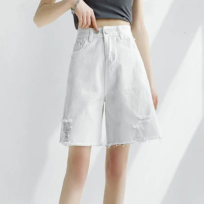 Women Tassels Denim Shorts Korean Fashion Letter Embroidery Wide Leg Shorts Casual Streetwear High Waist Female Shorts