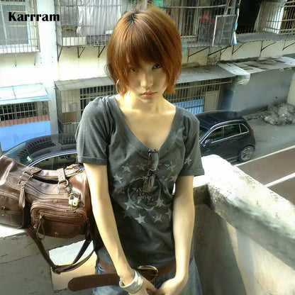 Karrram Japanese Y2k Letter Print T-shirt Trashy 2000s Style V-neck T Shirt Vintage Harajuku Short Sleeve Tee Shirt Grunge 90s