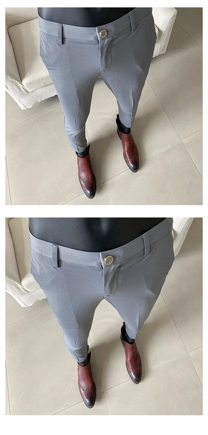 Summer New Light Thin Ice Silk Solid Color Casual Trousers High Quality Fashion Slim Fit Business Social Office Suit Pants