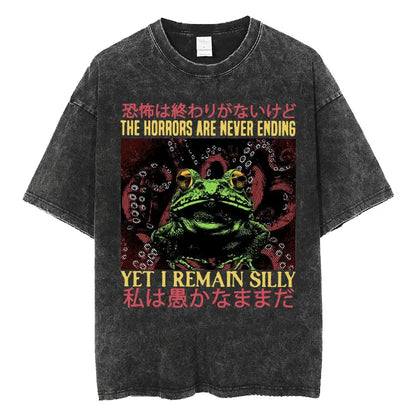 The Horrors Are Never Ending Yet I Remain Silly T-shirt Funny Japanese Style Frog Retro Washed T Shirt Men's Oversized Tees Tops