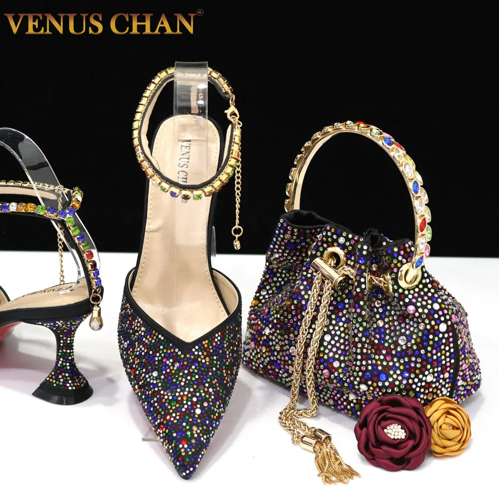 2023 Italian Design Luxury Women's Shoes And Bag Set, Full Diamond Decoration Metal Closure Bag