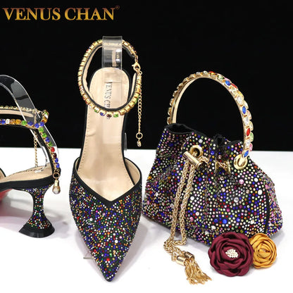 2023 Italian Design Luxury Women's Shoes And Bag Set, Full Diamond Decoration Metal Closure Bag