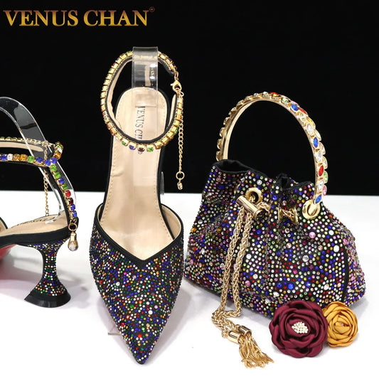 2023 Italian Design Luxury Women's Shoes And Bag Set, Full Diamond Decoration Metal Closure Bag