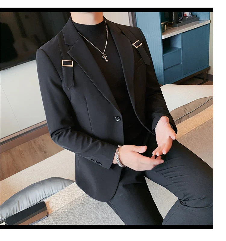 2024 Autumn Winter New Strap Decoration Suit Jacket for Men Fashion Slim Casual Business Blazers Groom Wedding Social Tailcoat