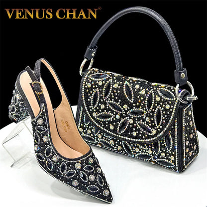 2025 Newest INS Style Black Color Elegant High Heels Nigeria Popular Design African Ladies Shoes And Bag Set For Party