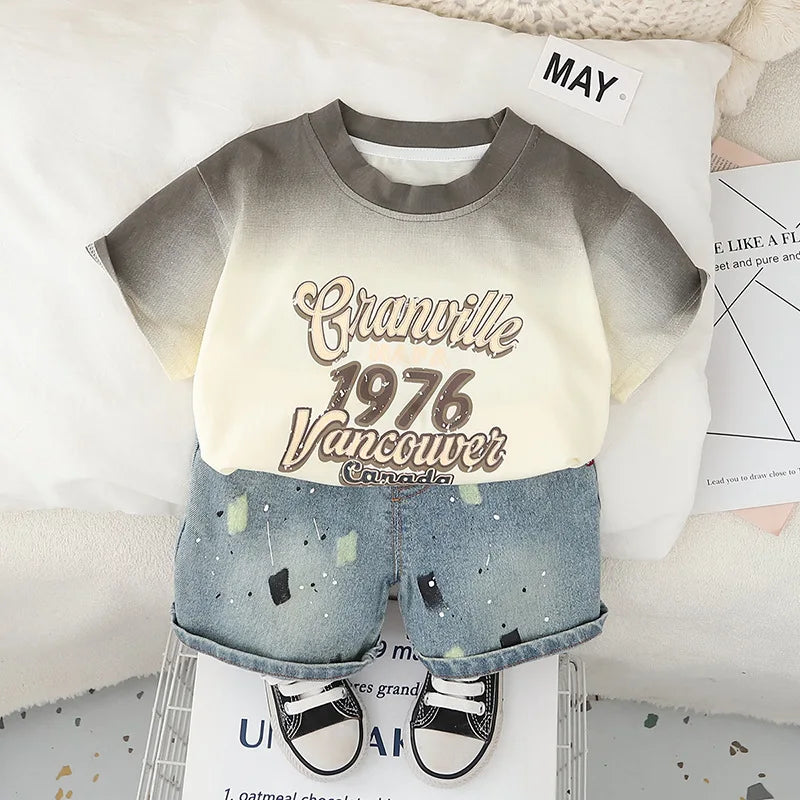 0-5Years New Baby Boys Girls Summer Clothes suits Tie dye letter T-shirt denim Shorts 2pcs/sets Children Clothing Tracksuits Set