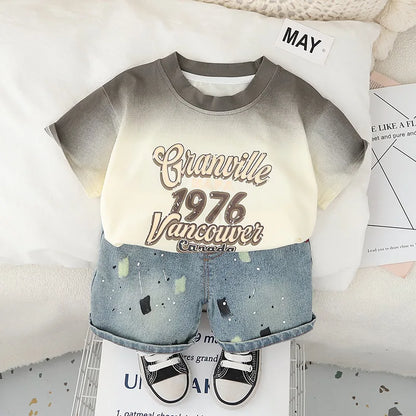 0-5Years New Baby Boys Girls Summer Clothes suits Tie dye letter T-shirt denim Shorts 2pcs/sets Children Clothing Tracksuits Set