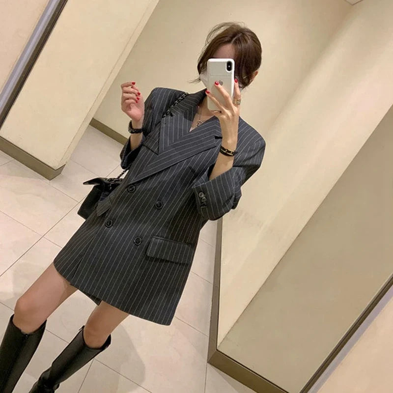 Ele Stripe Loose Faionable Suit Jaet with Belt Hong Kong Sle Retro Chic Top Women's Busin Casual Outerwear
