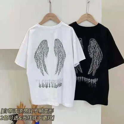 Wings with Rhinestones Trendy Short-sleeve for Kids T-shirt Children Clothes 7 To 14 Years Child 2025 Children's Clothing Korean