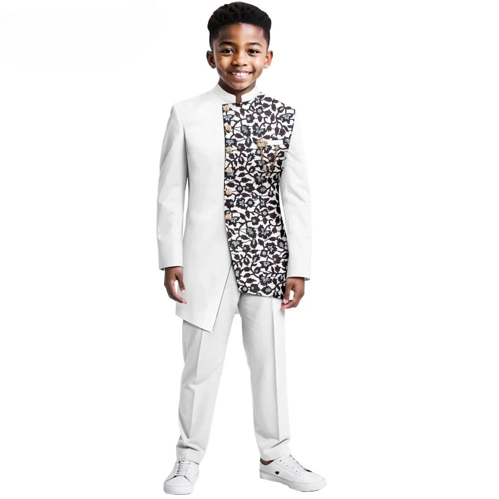 African Patterned Children's Elegant Suit Set 2 Pieces For Formal Occasion,Stylish Smart Boys Tuxedo Sets Wedding Outfit XS-XXL