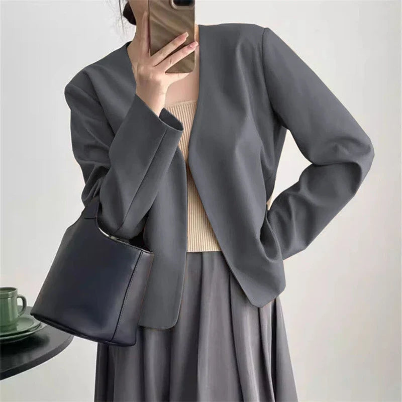 2025 Spring Autumn Fashion New Women's Suit Jackets Solid Short Coats Korean Blazers Long Sleeve Cardigan Coat Without Placket