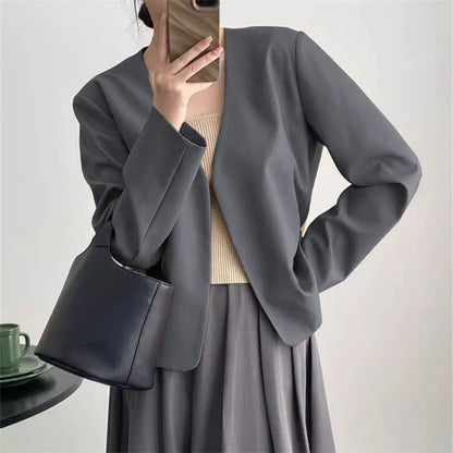 2025 Spring Autumn Fashion New Women's Suit Jackets Solid Short Coats Korean Blazers Long Sleeve Cardigan Coat Without Placket