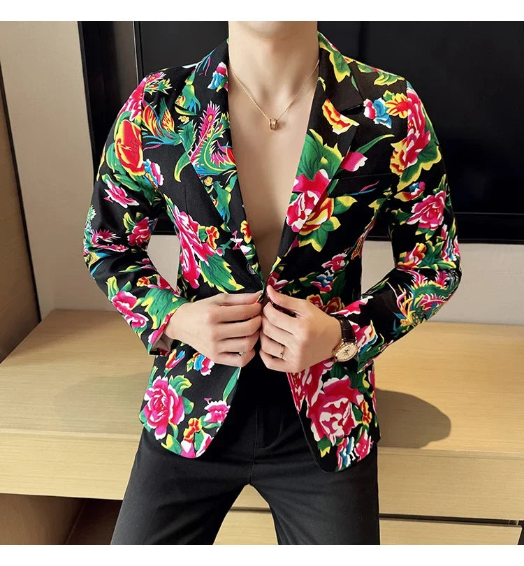 2026 Thin Men's Black Printed Suit Jacket, Asian Size V-Neck Single Button Blazer, Red Nostalgic Style Long Sleeve Cotton Coat.