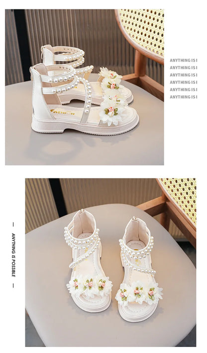 Children's Sandals for Girls Elegant Sandals Pearl Beading Sweet Princess Dress Shoes Kids High-top Roman Sandals Back Zipper