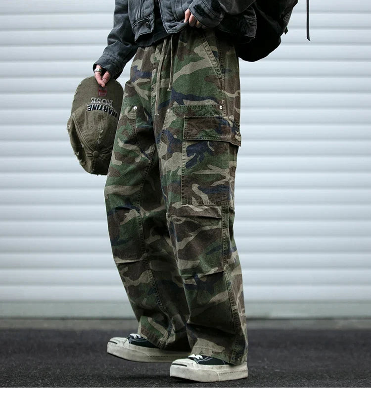 American Tactical Cargo Pants Men Heavyweight Cotton Loose Fit Straight Leg Camouflage Vintage Washed Outdoor Streetwear Premium