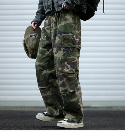 American Tactical Cargo Pants Men Heavyweight Cotton Loose Fit Straight Leg Camouflage Vintage Washed Outdoor Streetwear Premium