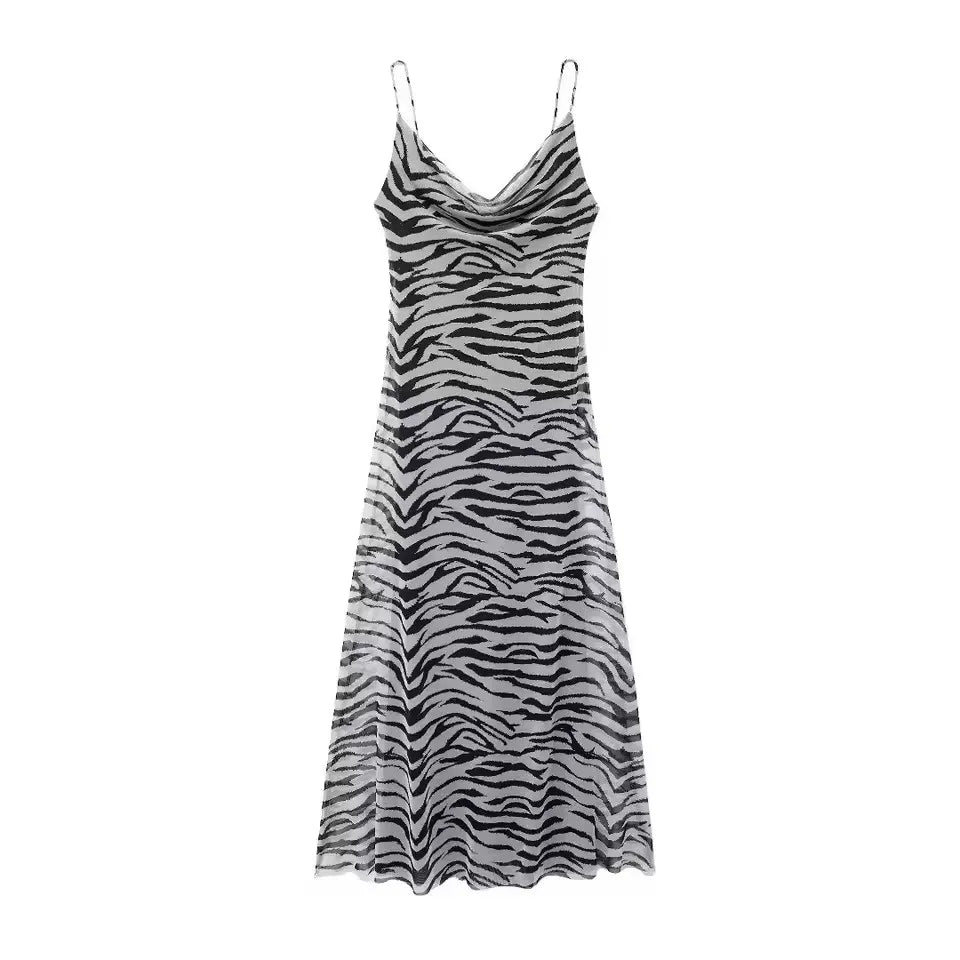 Women Vintage Leopard Print Spaghetti Strap Dress Sexy Backless Tulle Long Dresses Fashion Y2k High Street Vestido Mujer