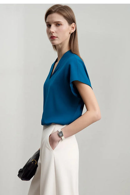 Minimalism 2026 Summer Women's T-shirt Classic Style Casual V-neck Short Sleeve Solid Stretch Female Tops & Tees 12612011