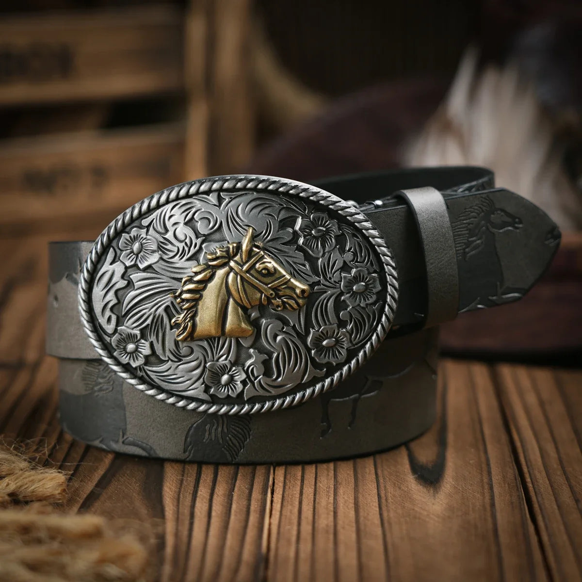 Western Cowboy Leather Buckle Belts Horse Pattern Floral Engraved Buckle Belt for Men