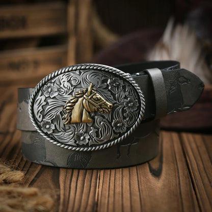 Western Cowboy Leather Buckle Belts Horse Pattern Floral Engraved Buckle Belt for Men