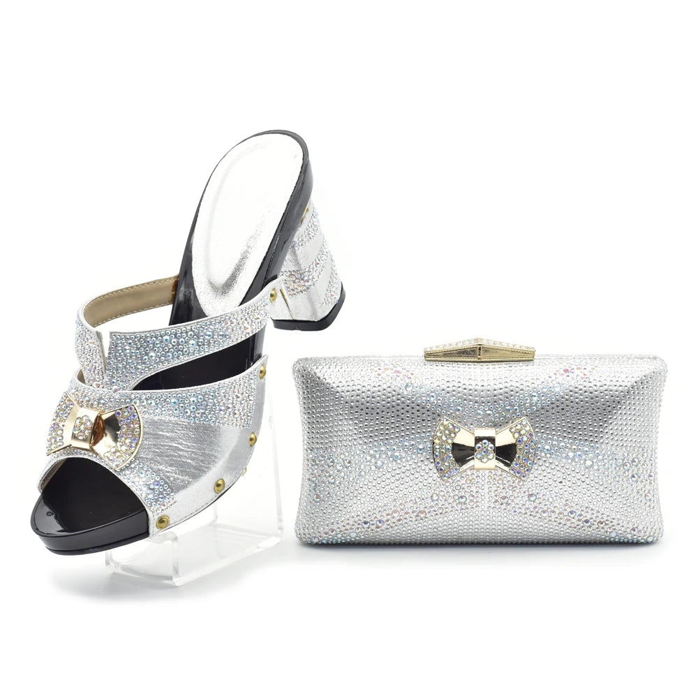 Latest Red Color Italian Ladies Shoes and Bag Sets Decorated with Rhinestone African Matching Shoes and Bags Italian In Women