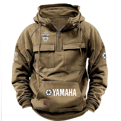 logo Men's Loose Fleece-lined Hoodie Jacket with Multiple Pockets Retro American Style Spring Autumn Winter Casual Outerw