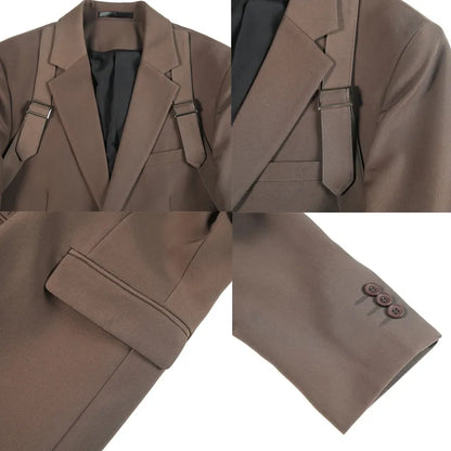 2024 Autumn Winter New Strap Decoration Suit Jacket for Men Fashion Slim Casual Business Blazers Groom Wedding Social Tailcoat