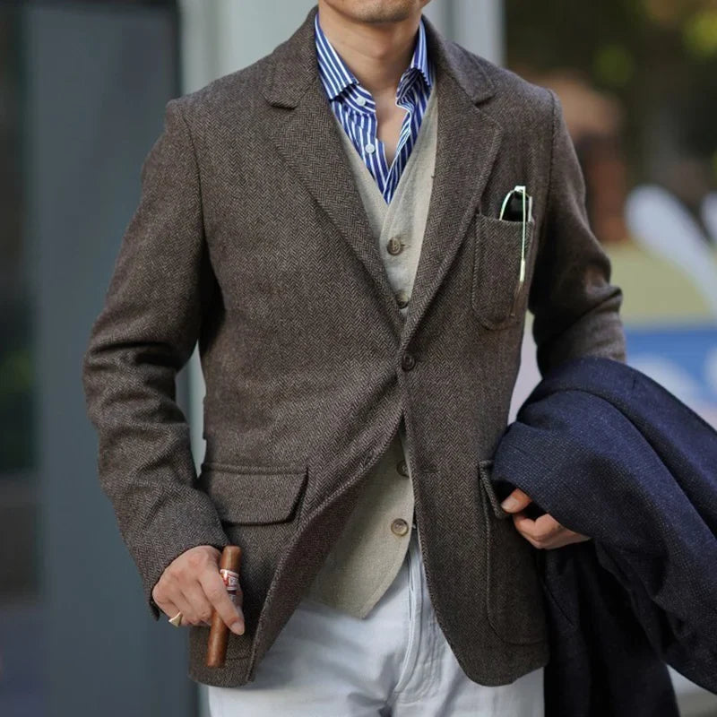 Spring Men's Peaky Blinders British Retro Tweed Wool Herringbone Hunting Casual Blazer