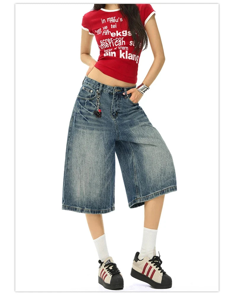 Vintage Washed Loose Straight Leg Denim Capri Men Women Lightning Print Streetwear Shorts