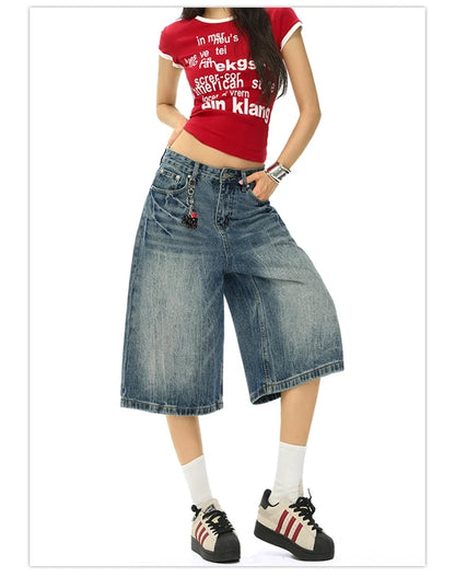 Vintage Washed Loose Straight Leg Denim Capri Men Women Lightning Print Streetwear Shorts