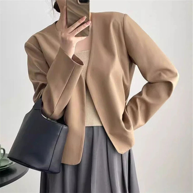 2025 Spring Autumn Fashion New Women's Suit Jackets Solid Short Coats Korean Blazers Long Sleeve Cardigan Coat Without Placket