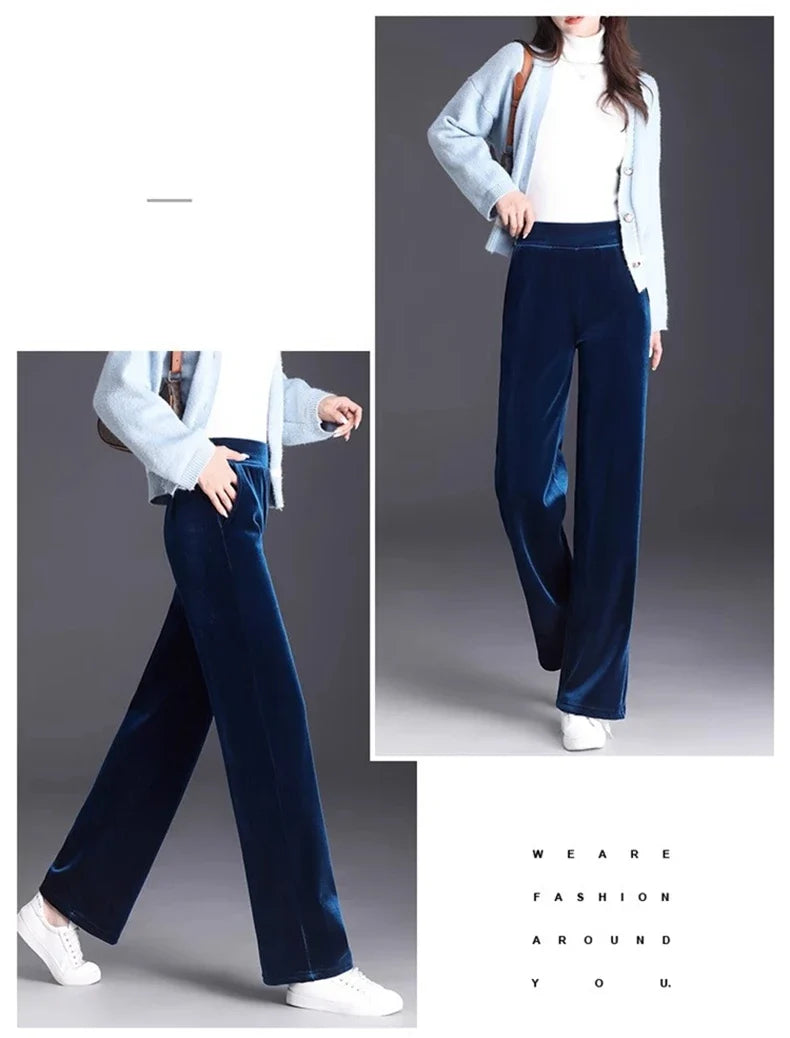 Women's pants with many reviews flared pants ice silk pants wide leg pants, high waisted blue loose straight leg pants 6XL